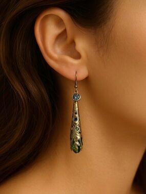 Victorian Filigree Earrings, with green Crystal in Antiqued Brass